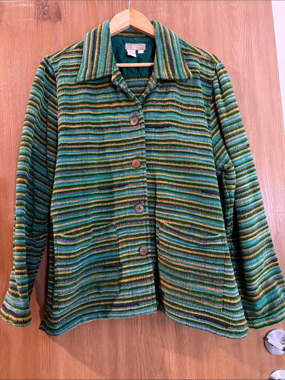 The Territory Ahead Green Multistripe Button-Front Jean Jacket